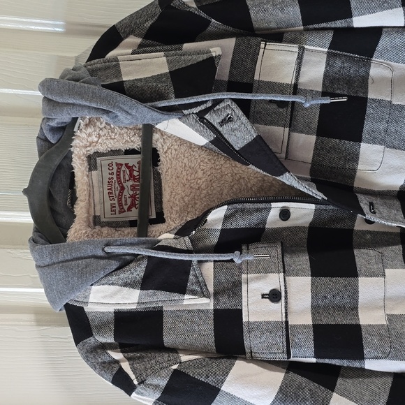 LEVI'S BRAND MENS BLACK & WHITE CHECKERED HOODED FLANNEL JACKET SIZE XXL - Picture 12 of 16